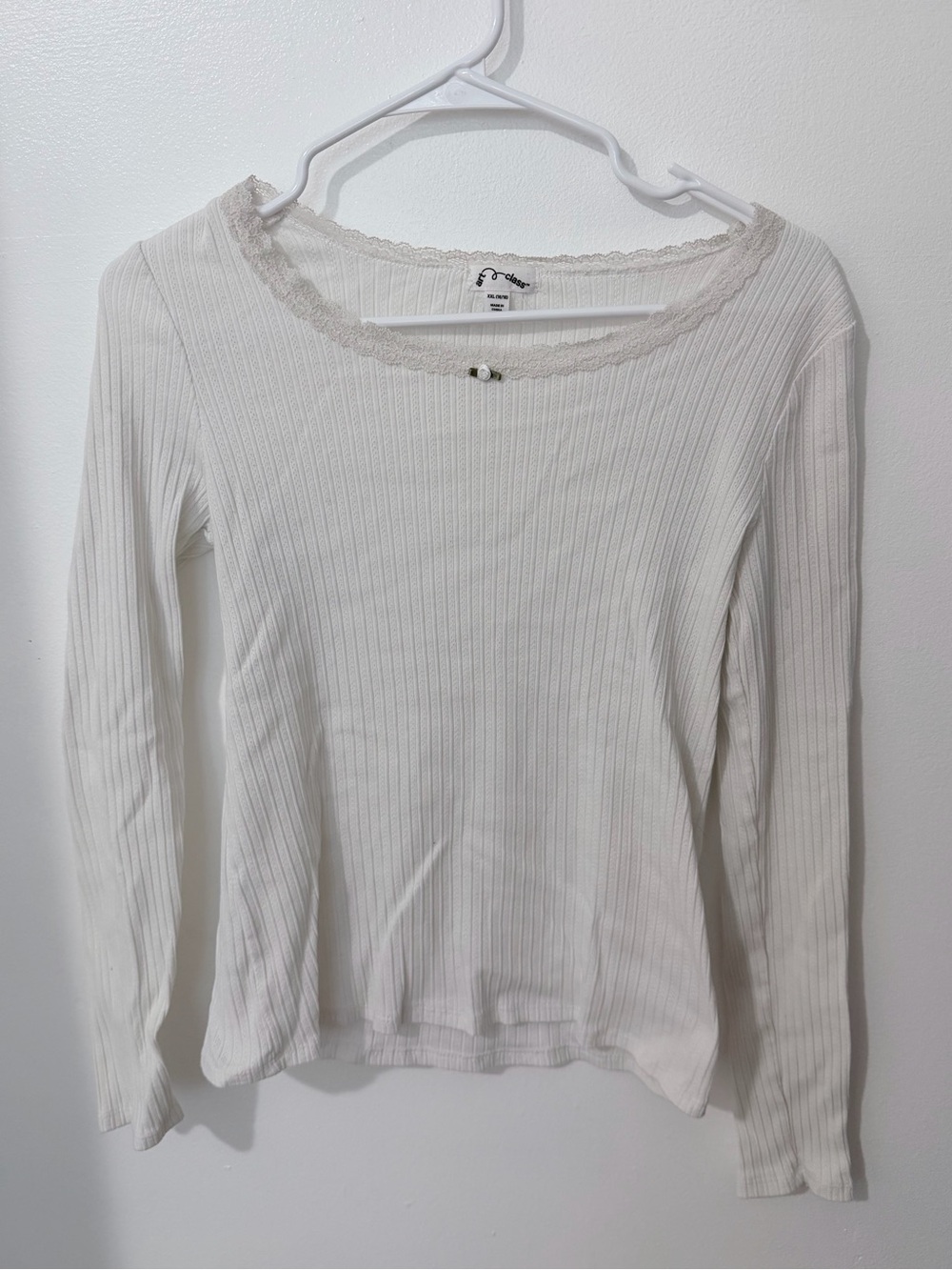 White Ribbed Lace-Trim Long Sleeve Tee